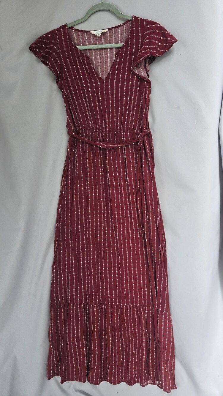 Lucky Brand Dress Womens Small Red Striped Flutter Sleeve Midi Sundress Belted